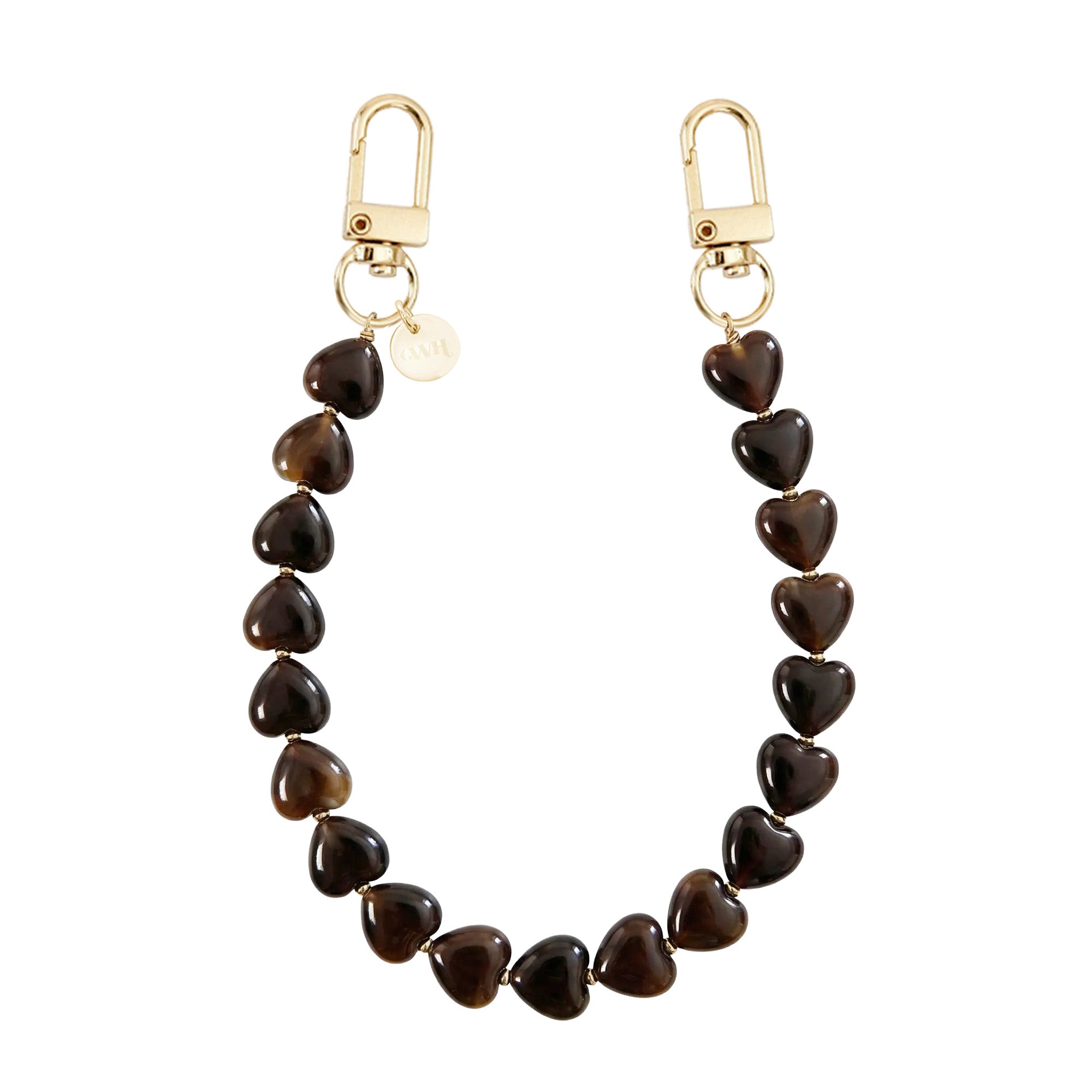 Kort Sweetheart Brown koord met glanzende hartvormige kralen en gouden karabijnhaken.