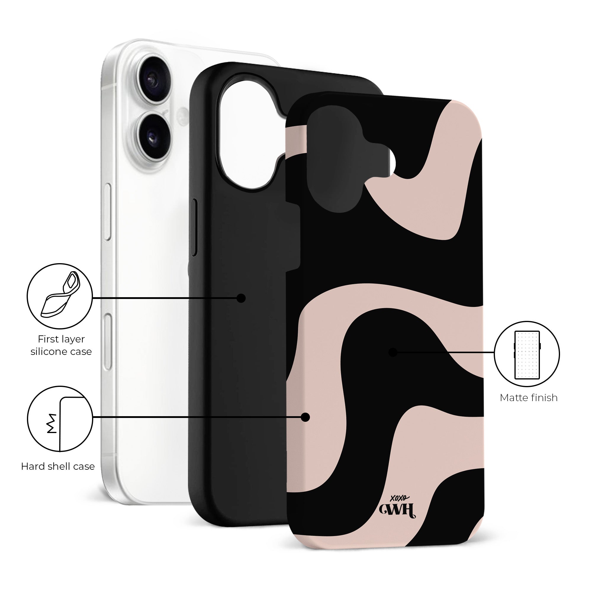 xoxo Wildhearts - xoxo Wildhearts telefoonhoesje geschikt voor iPhone 16 met AirPods 3 hoesje - set - Ride With Me - Double Layer - Telefoonhoesje met dubbele beschermlaag - Golvend patroon case - Zwart en beige