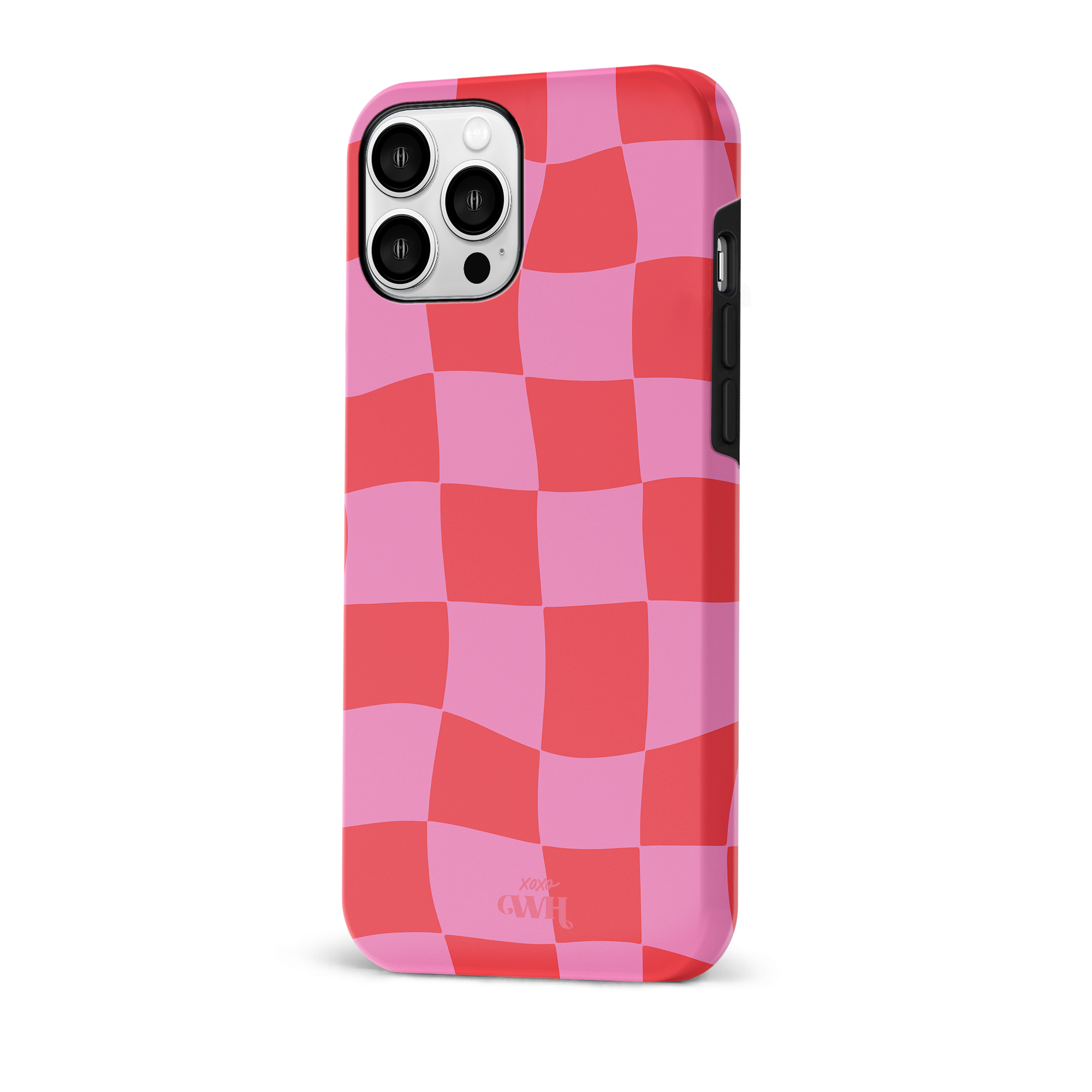 Pink and red wavy checkerboard iPhone case with xoxo Wildhearts logo.