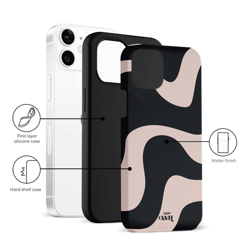 xoxo Wildhearts - xoxo Wildhearts telefoonhoesje geschikt voor iPhone 12 met AirPods 4 hoesje - set - Ride With Me - Double Layer - Telefoonhoesje met dubbele beschermlaag - Golvend patroon case - Zwart en beige