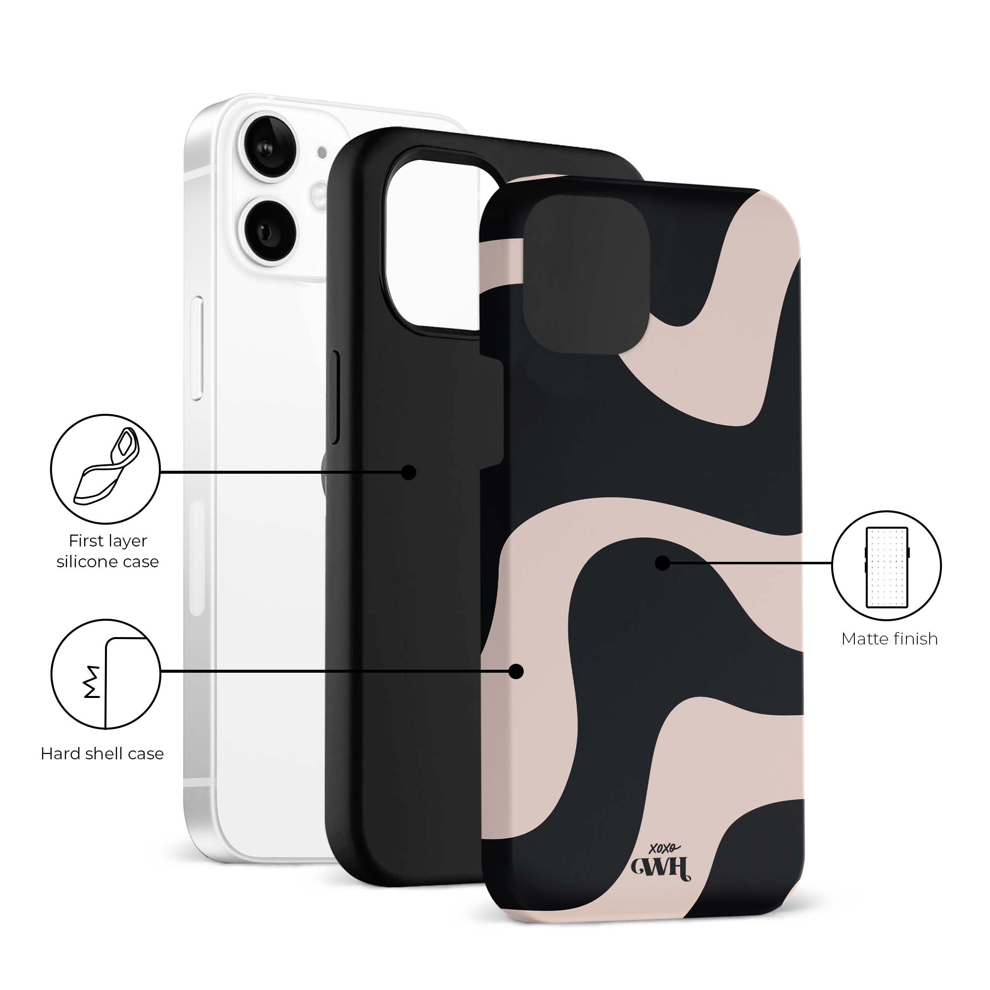 xoxo Wildhearts - xoxo Wildhearts telefoonhoesje geschikt voor iPhone 12 met AirPods 4 hoesje - set - Ride With Me - Double Layer - Telefoonhoesje met dubbele beschermlaag - Golvend patroon case - Zwart en beige