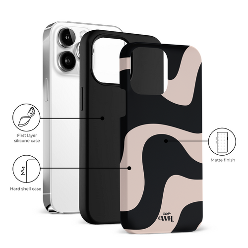xoxo Wildhearts - xoxo Wildhearts telefoonhoesje geschikt voor iPhone 14 Pro met AirPods Pro (2) hoesje - set - Ride With Me - Double Layer - Telefoonhoesje met dubbele beschermlaag - Golvend patroon case - Zwart en beige