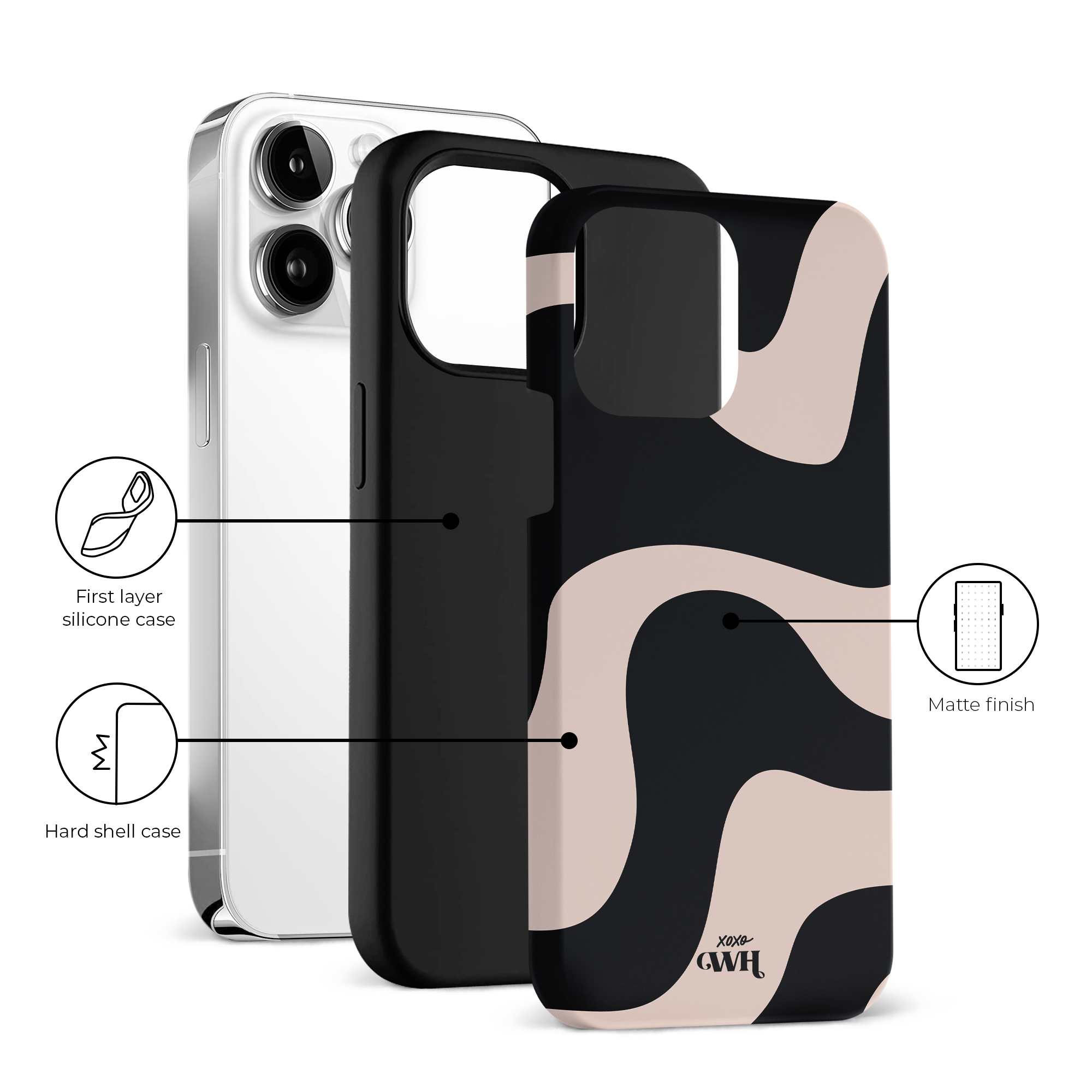 xoxo Wildhearts - xoxo Wildhearts telefoonhoesje geschikt voor iPhone 14 Pro met AirPods Pro (2) hoesje - set - Ride With Me - Double Layer - Telefoonhoesje met dubbele beschermlaag - Golvend patroon case - Zwart en beige