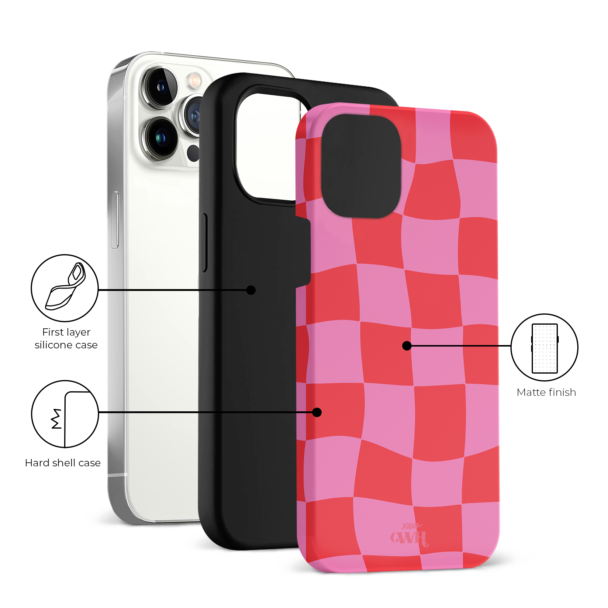 Pink and red checkered phone case with matte finish, showing silicone and hard shell layers. xoxo Wildhearts.