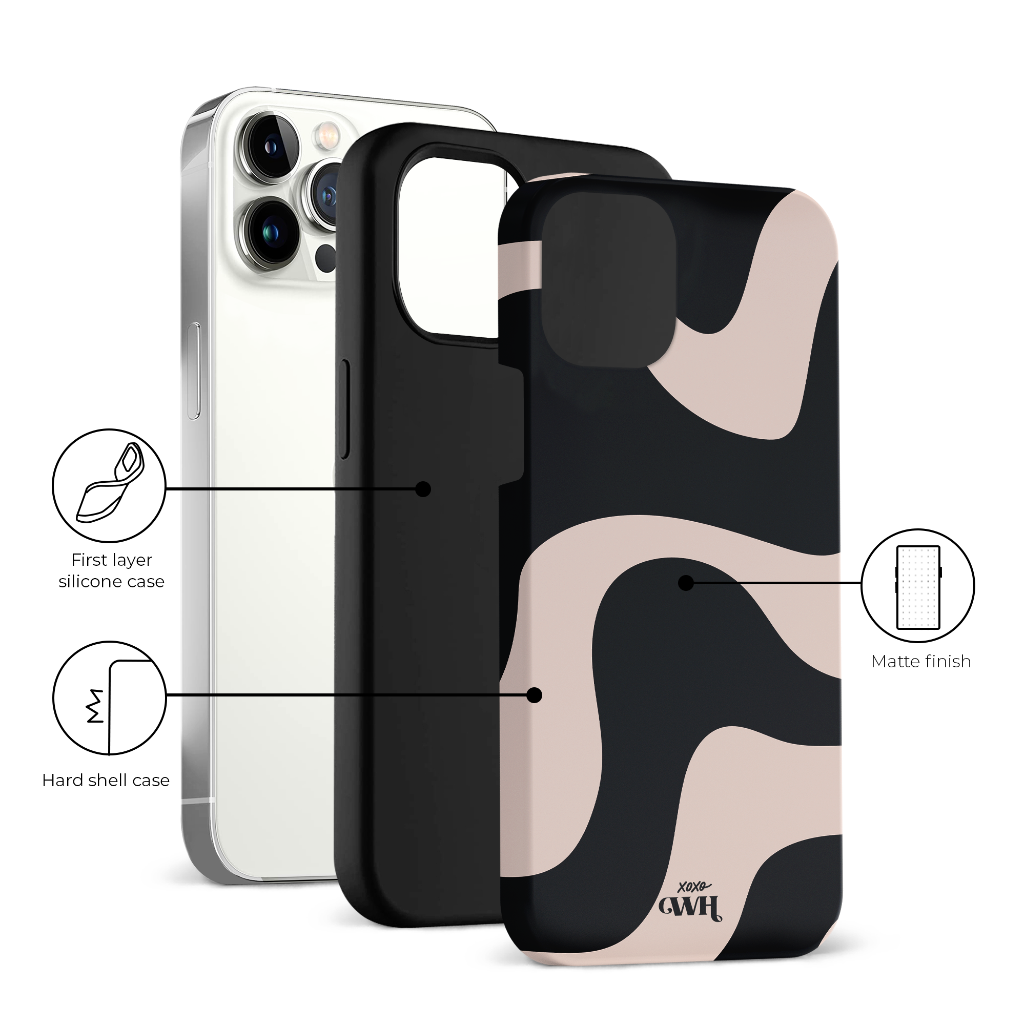 xoxo Wildhearts - xoxo Wildhearts telefoonhoesje geschikt voor iPhone 12 Pro Max met AirPods 4 hoesje - set - Ride With Me - Double Layer - Telefoonhoesje met dubbele beschermlaag - Golvend patroon case - Zwart en beige