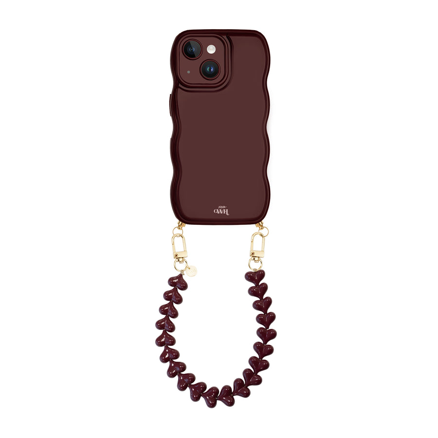 Glossy Wavy Cord Case Burgundy - Funky Hearts (Burgundy) - iPhone 15 Plus