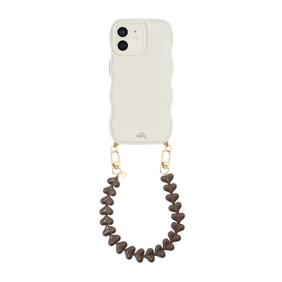 Glossy Wavy Cord Case Beige - Funky Hearts (Dark Brown) - iPhone 11