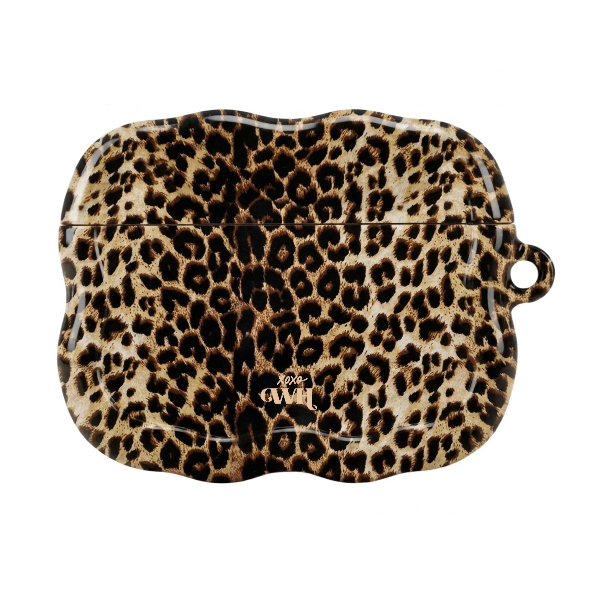 Glimmende AirPods case met golvende vormen en trendy panterprint, inclusief xoxo Wildhearts logo.