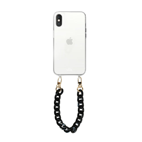 xoxo Wildhearts - iPhone XS Max - Marble Black Transparant Cord Case - Short Cord