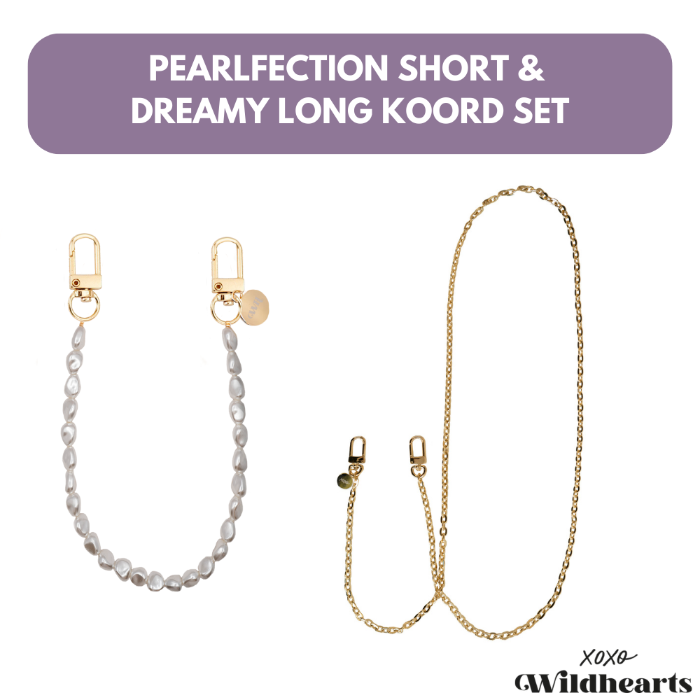 xoxo Wildhearts - xoxo Wildhearts telefoonkoord bundel - Pearlfection - Kort koord & Dreamy - Lang koord - Geschikt voor iPhone - Geschikt voor Samsung - Universeel - Phone cord - Telefoonketting - Koord voor telefoon - Telefoon hanger parel ketting & gouden ketting