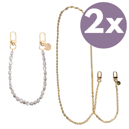 xoxo Wildhearts - xoxo Wildhearts telefoonkoord bundel - Pearlfection - Kort koord & Dreamy - Lang koord - Geschikt voor iPhone - Geschikt voor Samsung - Universeel - Phone cord - Telefoonketting - Koord voor telefoon - Telefoon hanger parel ketting & gouden ketting