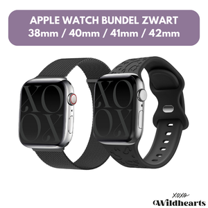 xoxo Wildhearts - xoxo Wildhearts Bundel Zwart - 2x Luxe band geschikt voor Apple Watch bandje - Series 1/2/3/4/5/6/7/8/9/10/SE - Maat: 38 mm / 40 mm / 41 mm / 42 mm - Milanese band en Siliconen band met Luipaard Patroon - iWatch bandje - Horlogeband - Zwart