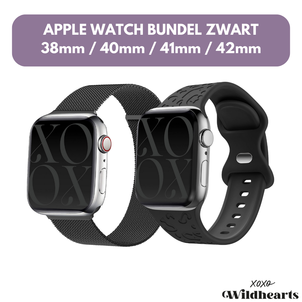 xoxo Wildhearts - xoxo Wildhearts Bundel Zwart - 2x Luxe band geschikt voor Apple Watch bandje - Series 1/2/3/4/5/6/7/8/9/10/SE - Maat: 38 mm / 40 mm / 41 mm / 42 mm - Milanese band en Siliconen band met Luipaard Patroon - iWatch bandje - Horlogeband - Zwart