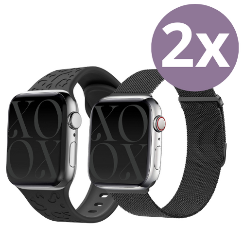 xoxo Wildhearts - xoxo Wildhearts Bundel Zwart - 2x Luxe band geschikt voor Apple Watch bandje - Series 1/2/3/4/5/6/7/8/9/10/SE - Maat: 38 mm / 40 mm / 41 mm / 42 mm - Milanese band en Siliconen band met Luipaard Patroon - iWatch bandje - Horlogeband - Zwart