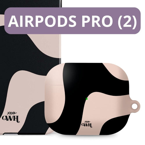 xoxo Wildhearts - xoxo Wildhearts telefoonhoesje geschikt voor iPhone 12 Pro Max met AirPods Pro (2) hoesje - set - Ride With Me - Double Layer - Telefoonhoesje met dubbele beschermlaag - Golvend patroon case - Zwart en beige