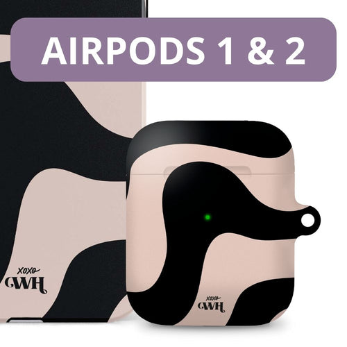 xoxo Wildhearts - xoxo Wildhearts telefoonhoesje geschikt voor iPhone 13 met AirPods 1 en 2 hoesje - set - Ride With Me - Double Layer - Telefoonhoesje met dubbele beschermlaag - Golvend patroon case - Zwart en beige