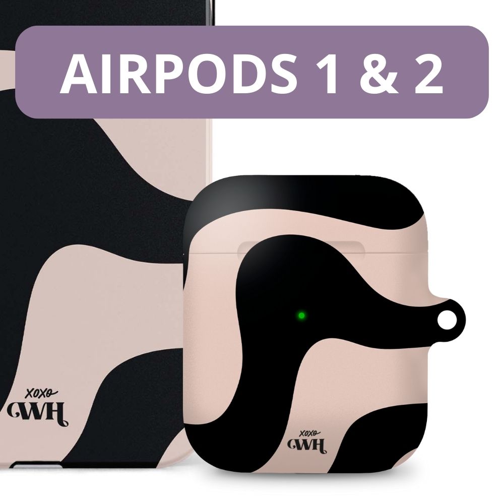 xoxo Wildhearts - xoxo Wildhearts telefoonhoesje geschikt voor iPhone 13 met AirPods 1 en 2 hoesje - set - Ride With Me - Double Layer - Telefoonhoesje met dubbele beschermlaag - Golvend patroon case - Zwart en beige