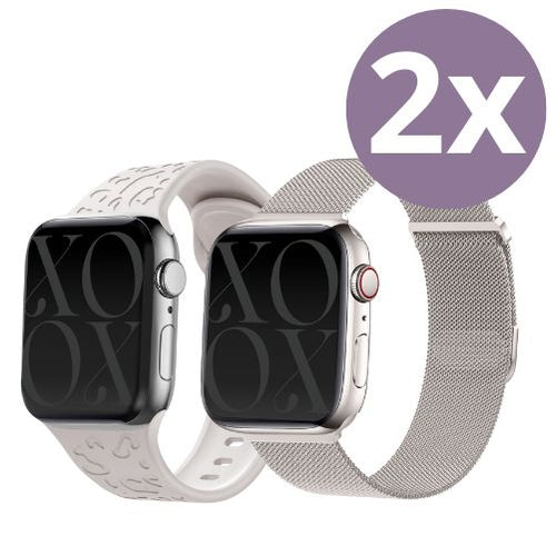 xoxo Wildhearts - xoxo Wildhearts Sterrenlicht Bundel - 2x Luxe band geschikt voor Apple Watch bandje - Series 1/2/3/4/5/6/7/8/9/10/SE - Maat: 38 mm / 40 mm / 41 mm / 42 mm - Milanese band en Siliconen band met Luipaard Patroon - iWatch bandje - Starlight