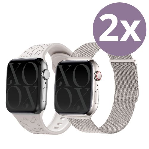 xoxo Wildhearts - xoxo Wildhearts Sterrenlicht Bundel - 2x Luxe band geschikt voor Apple Watch bandje - Series 1/2/3/4/5/6/7/8/9/10/SE - Maat: 38 mm / 40 mm / 41 mm / 42 mm - Milanese band en Siliconen band met Luipaard Patroon - iWatch bandje - Starlight