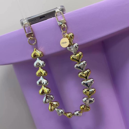 iPhone 17 - Funky Hearts (Gold & Silver) Transparant Cord Case