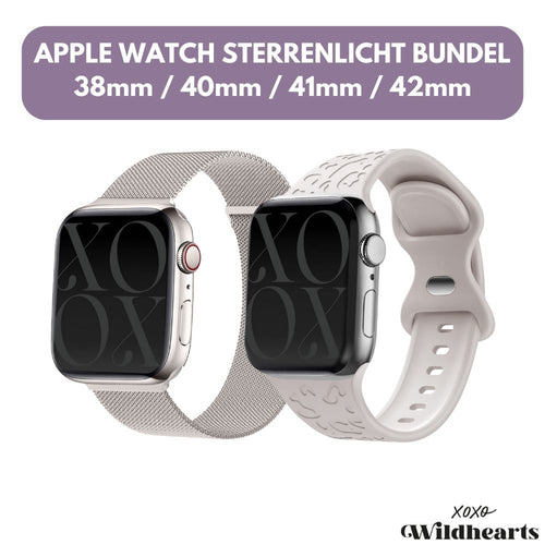 xoxo Wildhearts - xoxo Wildhearts Sterrenlicht Bundel - 2x Luxe band geschikt voor Apple Watch bandje - Series 1/2/3/4/5/6/7/8/9/10/SE - Maat: 38 mm / 40 mm / 41 mm / 42 mm - Milanese band en Siliconen band met Luipaard Patroon - iWatch bandje - Starlight