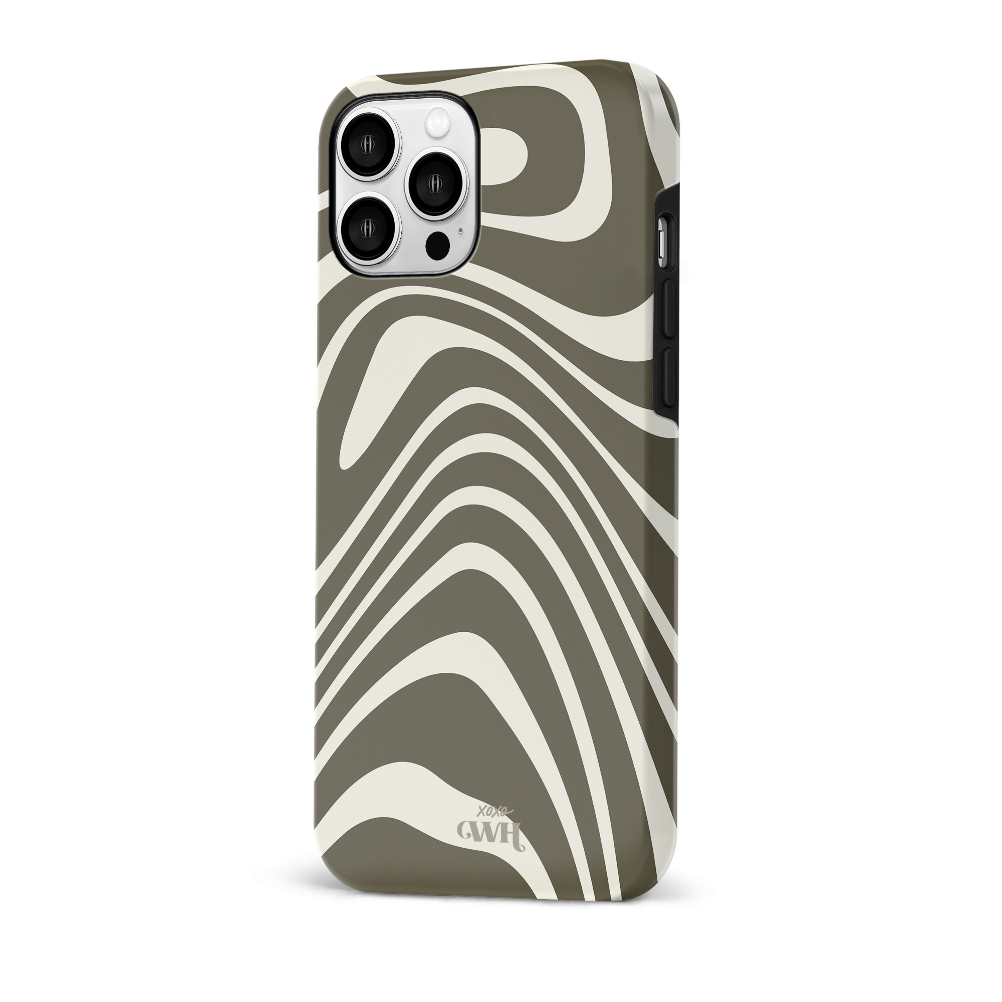 Groen en off-white iPhone 11 Pro hoesje met groovy, golvend patroon en "xoxo GWH" logo.