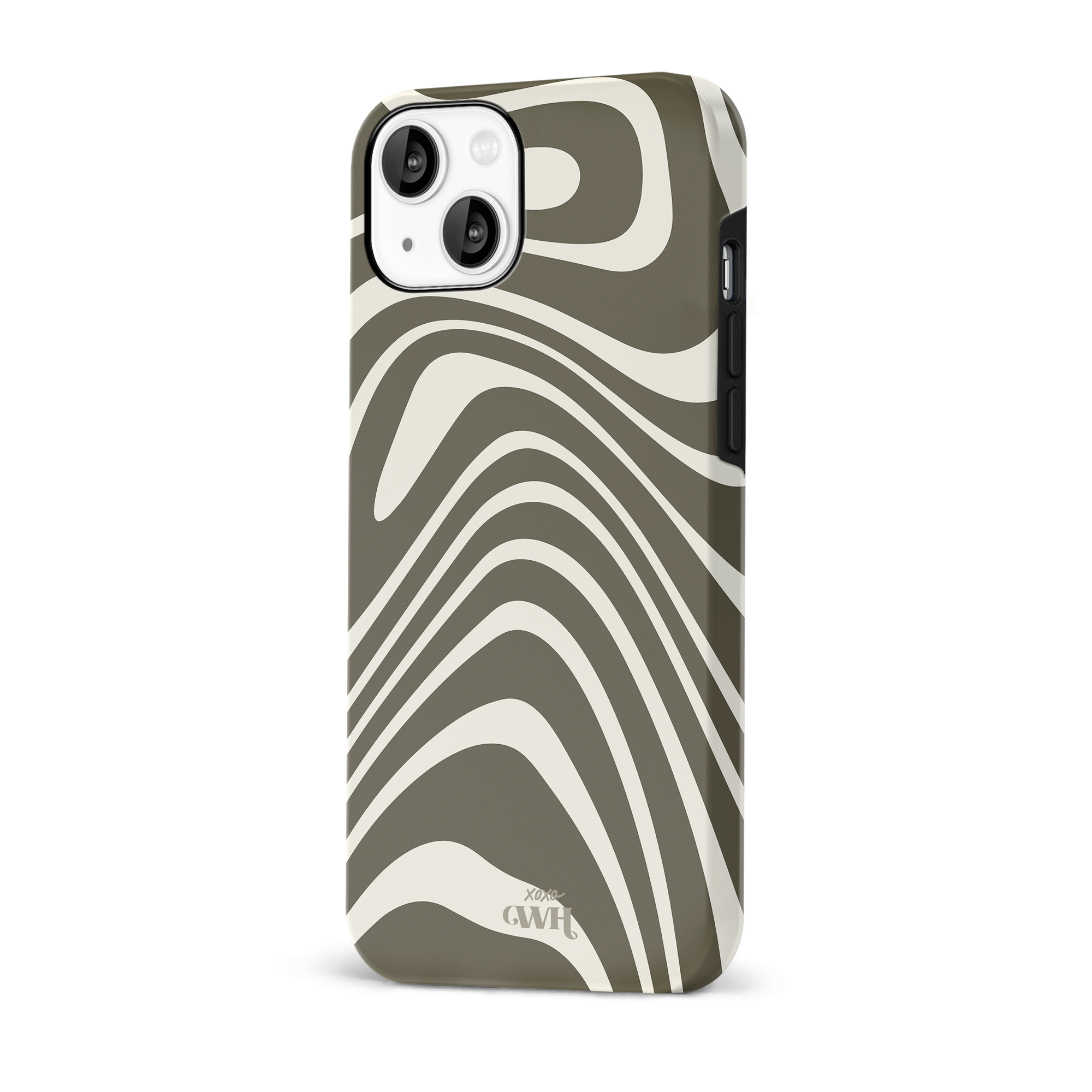 Groen en off-white iPhone 13 mini hoesje met groovy wervelpatroon en "xoxo GWH" logo.