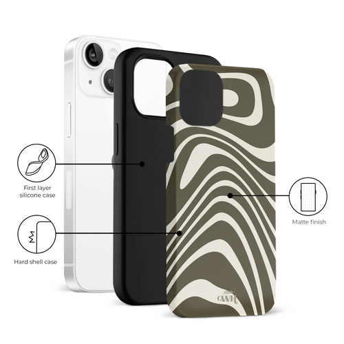 Boogie Wonderland Green iPhone 13 mini hoesje met groen/off-white golvend patroon, matte afwerking en dubbele bescherming.