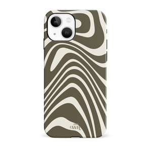 Boogie Wonderland Green iPhone 13 mini hoesje met groovy groen en off-white swirl patroon.