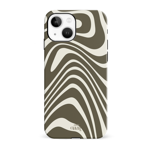 Boogie Wonderland Green iPhone 13 mini hoesje met groovy groen en off-white swirl patroon.
