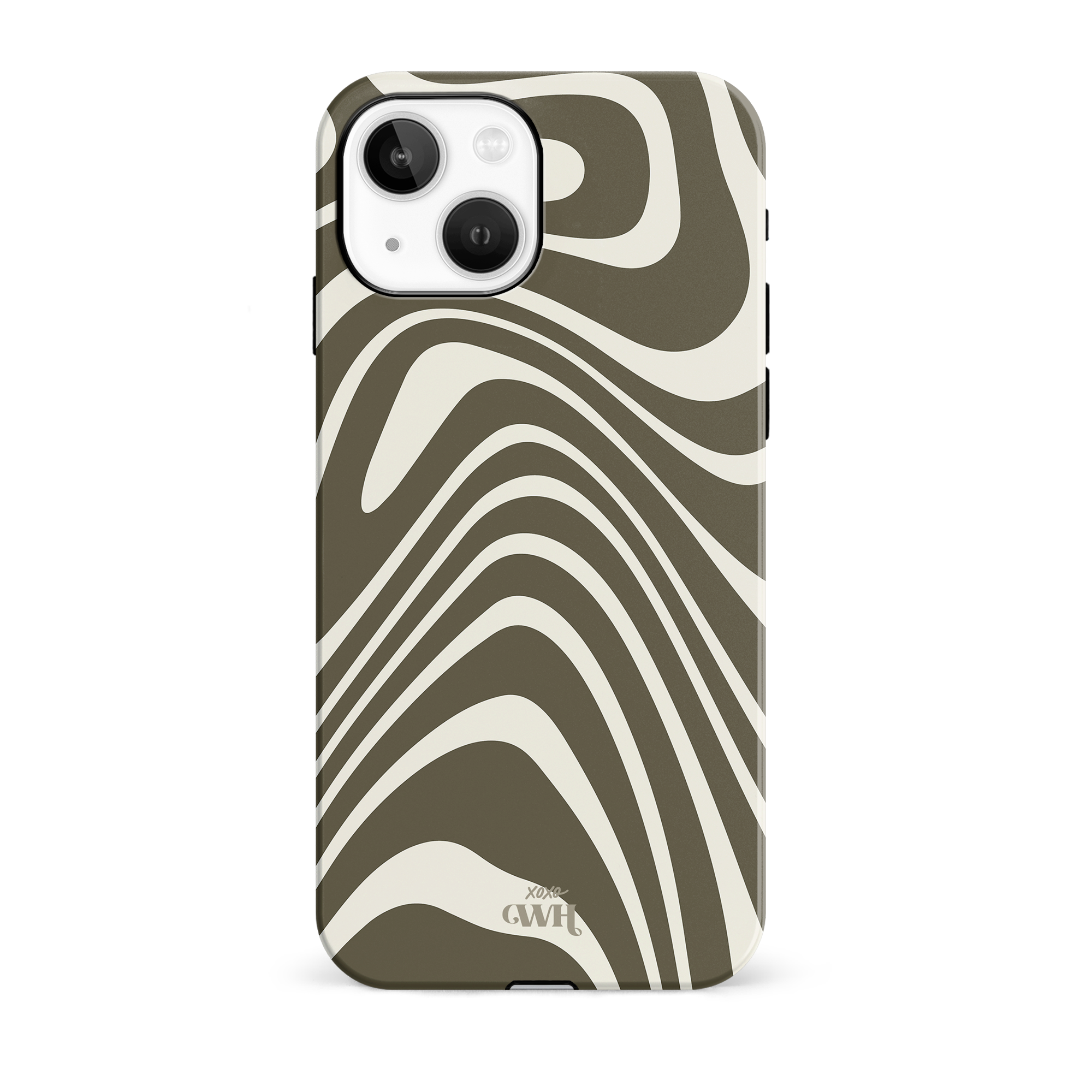 Boogie Wonderland Green iPhone 15 Plus hoesje met groovy groen en off-white wervelpatroon.