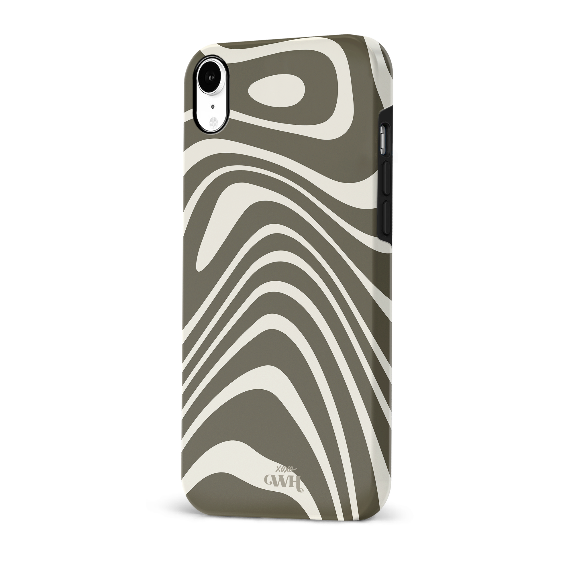 iPhone XR hoesje met groovy groen en off-white wervelpatroon, gemaakt van stevig hard kunststof.