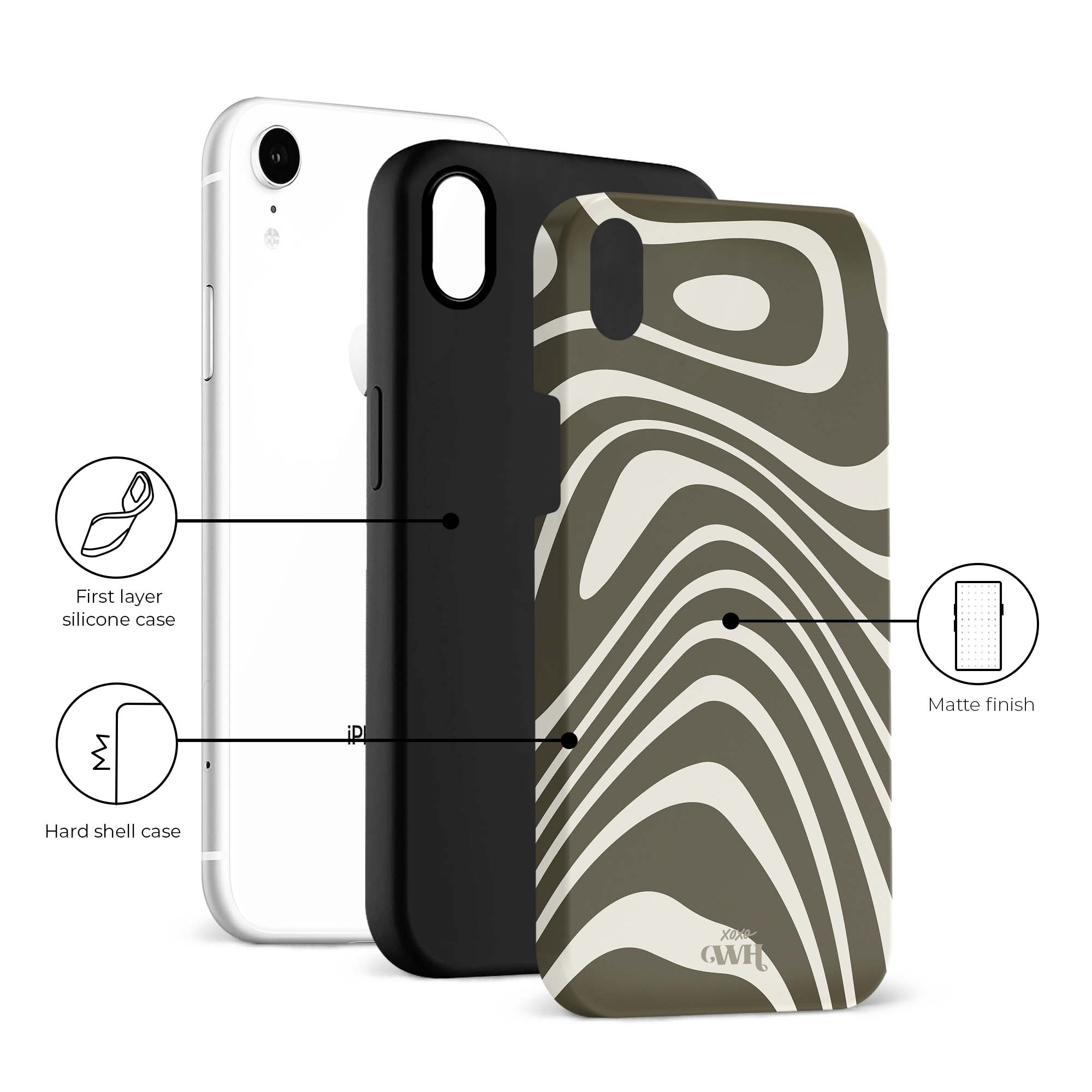 iPhone XR hoesje in Boogie Wonderland Green met golvend patroon, hard kunststof en optionele siliconen binnenlaag.