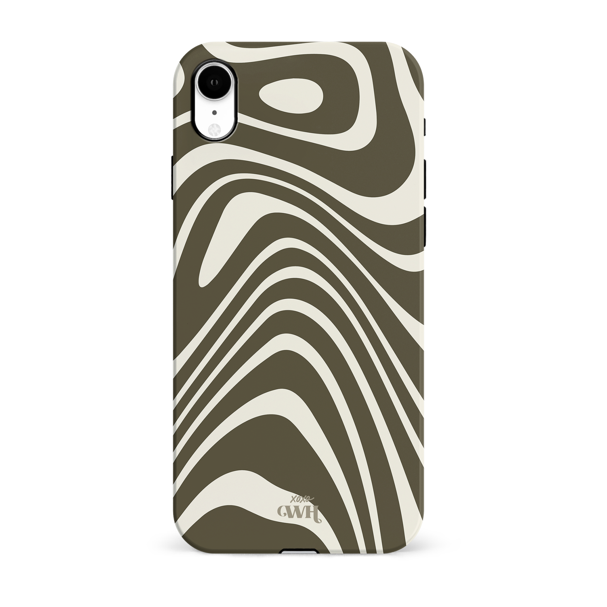 iPhone XR hoesje met groovy groen en off-white wervelpatroon, gemaakt van stevig hard kunststof.