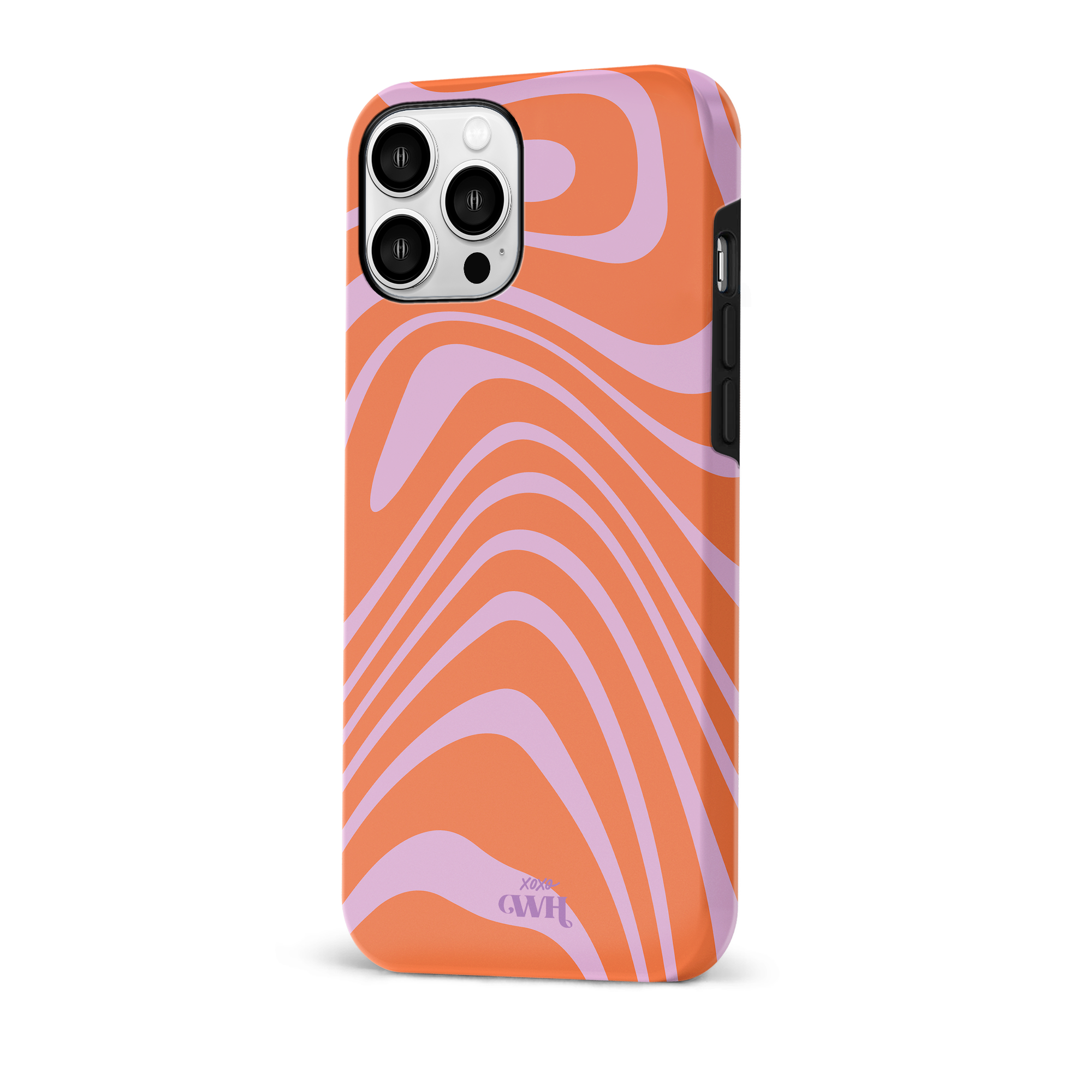 iPhone 11 Pro hoesje met oranje en paarse golvende print, gemaakt van hard kunststof.