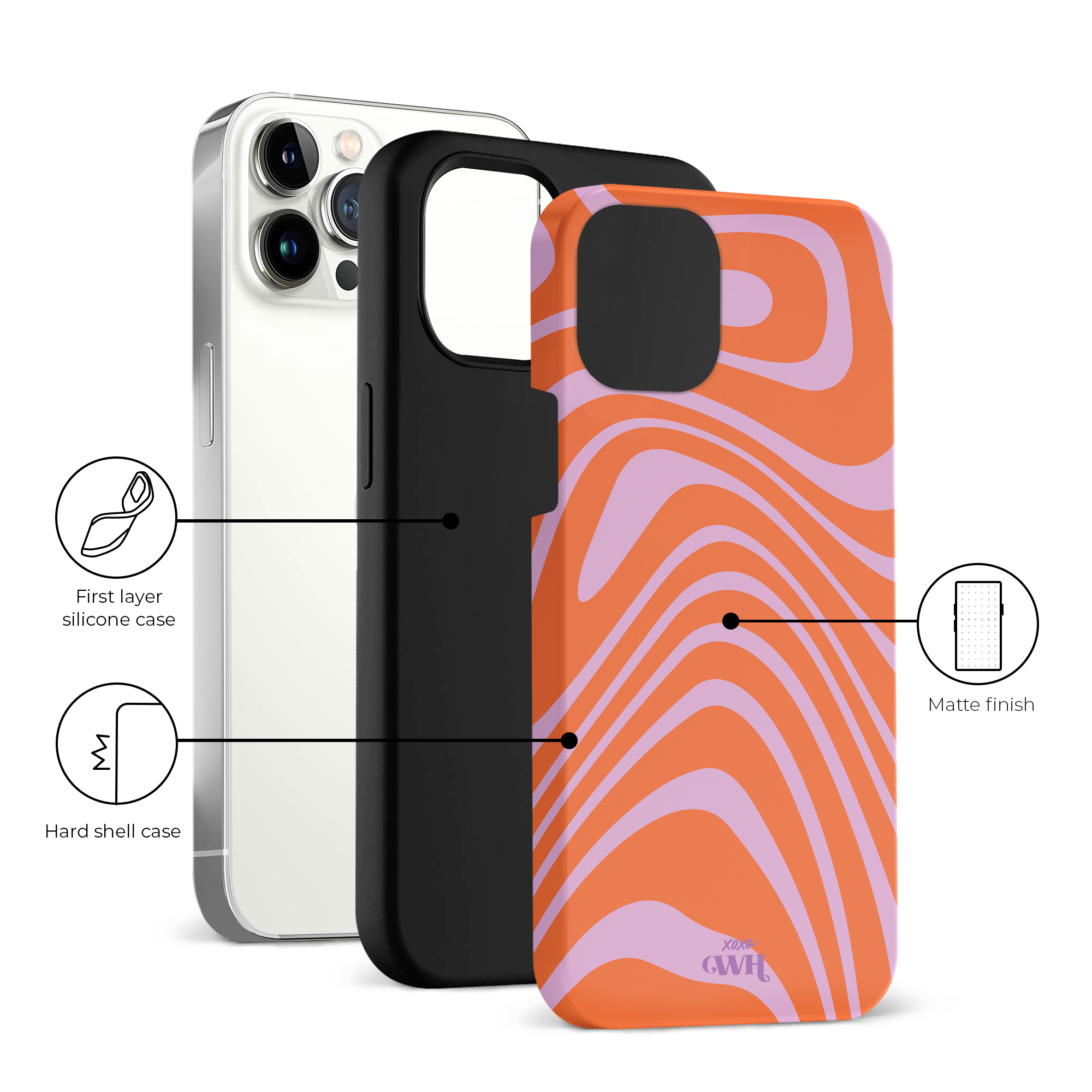 Oranje en paars Boogie Wonderland iPhone 11 Pro hoesje met golvend patroon, matte afwerking en dubbele bescherming.