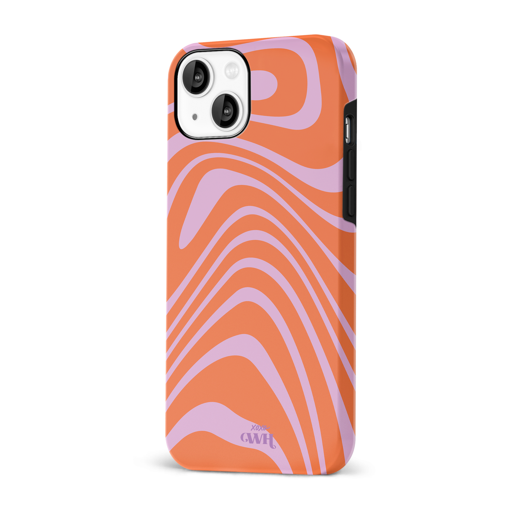 Oranje en paars iPhone 14 hoesje met golvend, speels patroon en "xoxo GWH" logo.