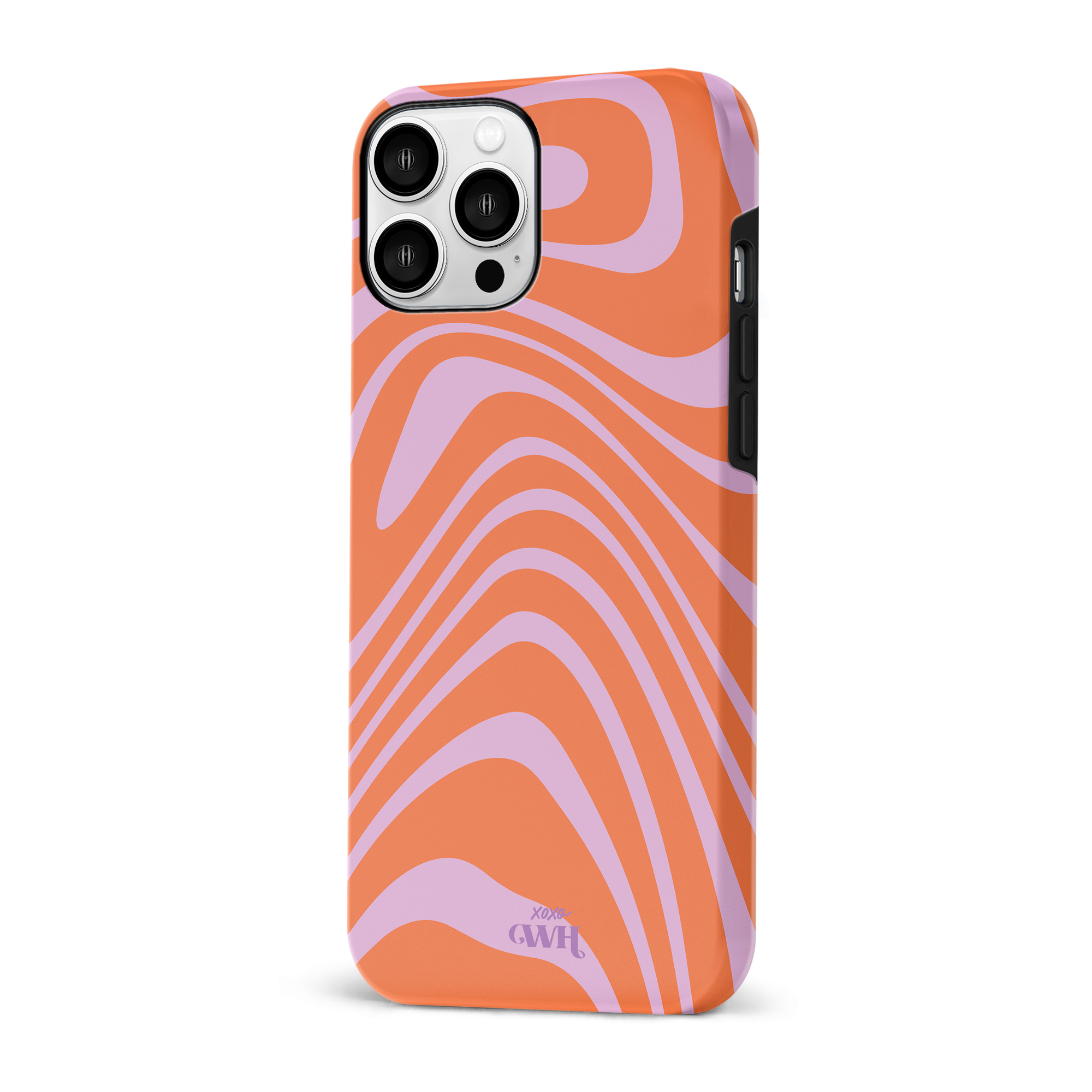 iPhone 14 Pro hoesje met oranje en paarse golvende print, gemaakt van hard kunststof.
