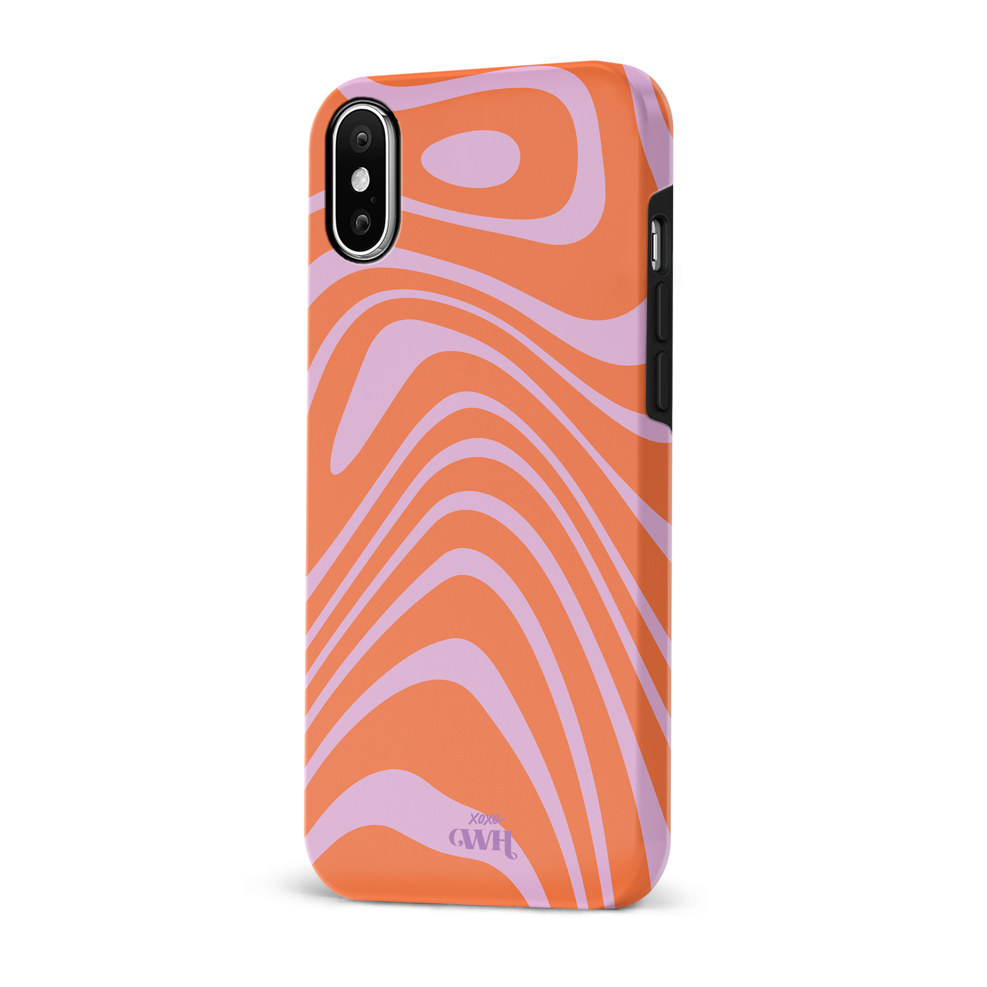 Oranje en paars iPhone X/XS hoesje met speels, golvend patroon en 'xoxo GWH' logo.