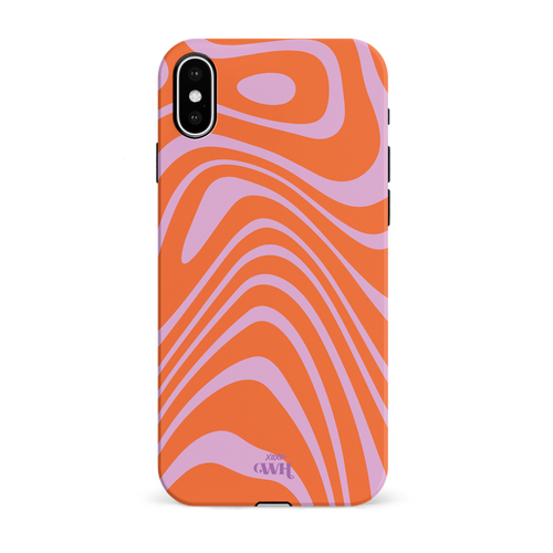 Oranje en paars iPhone X/XS hoesje met groovy wervelpatroon en "xoxo GWH" logo.