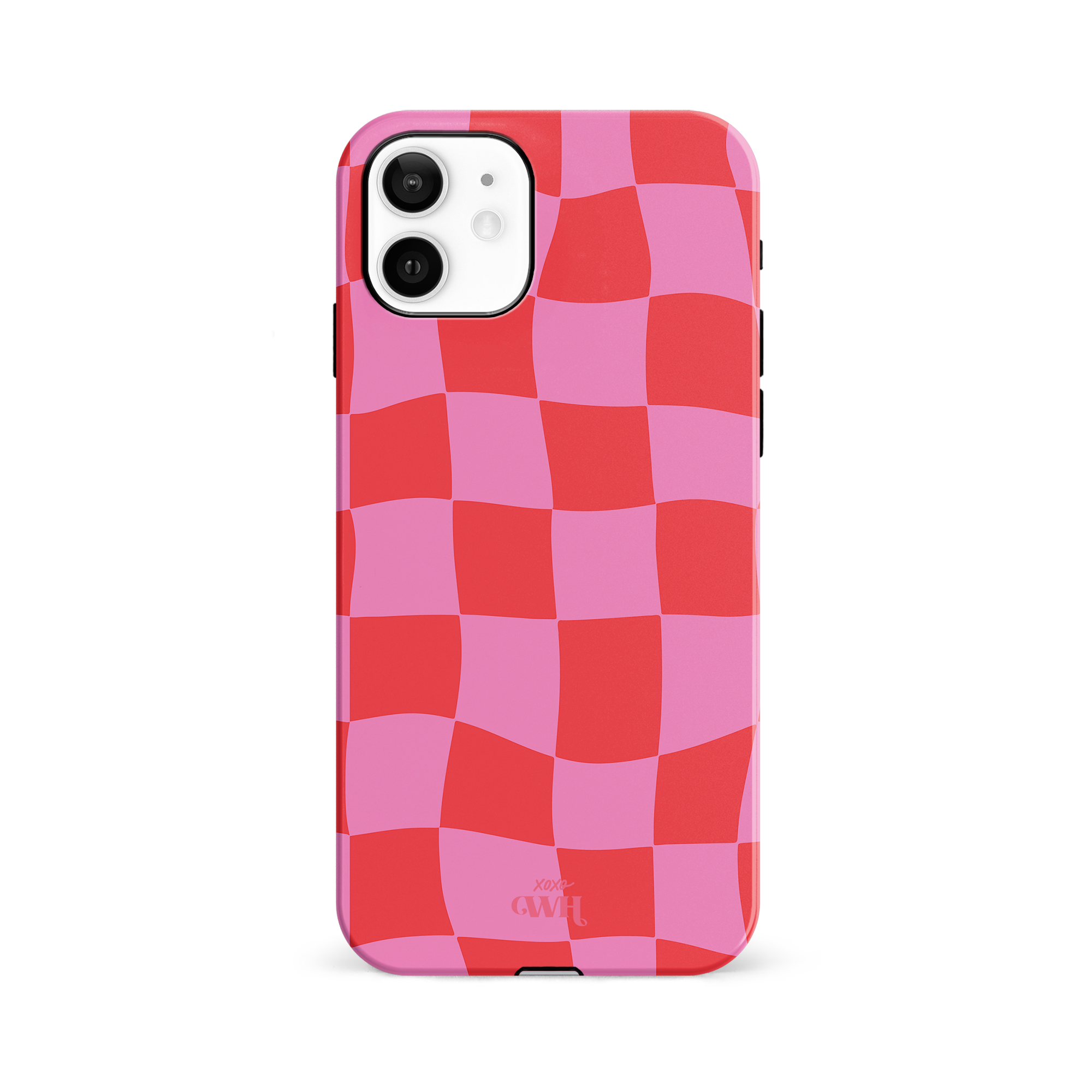 Roze en rood geblokt iPhone 11 hoesje van stevig hard kunststof met "xoxo GWH" logo.