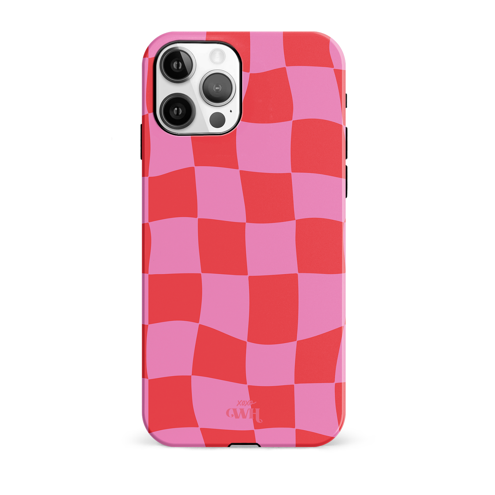 iPhone 12 Pro hoesje met roze en rood golvend blokjespatroon, gemaakt van stevig hard kunststof.