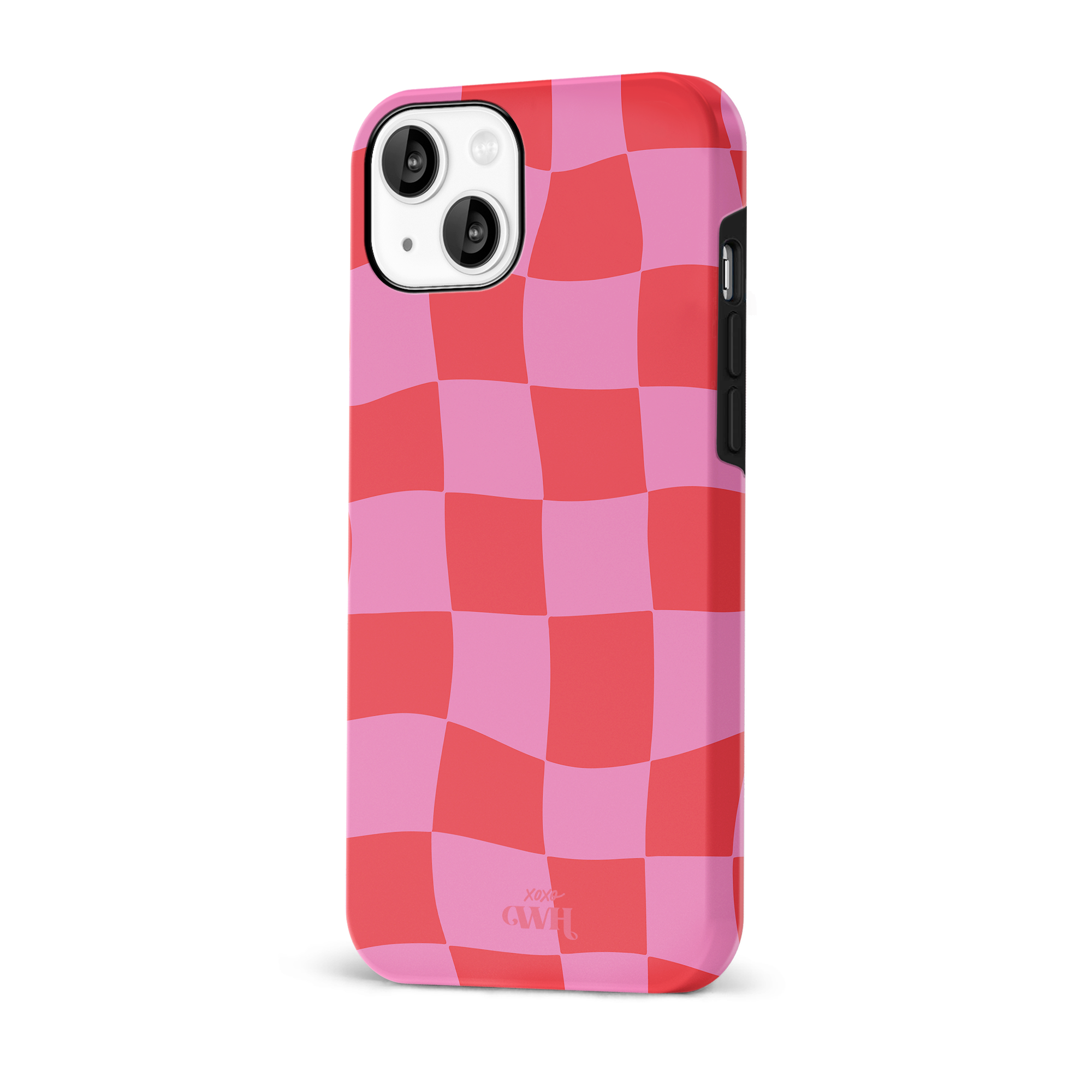 iPhone 14 Plus hoesje met roze en rood golvend blokjespatroon en "xoxo GWH" logo.