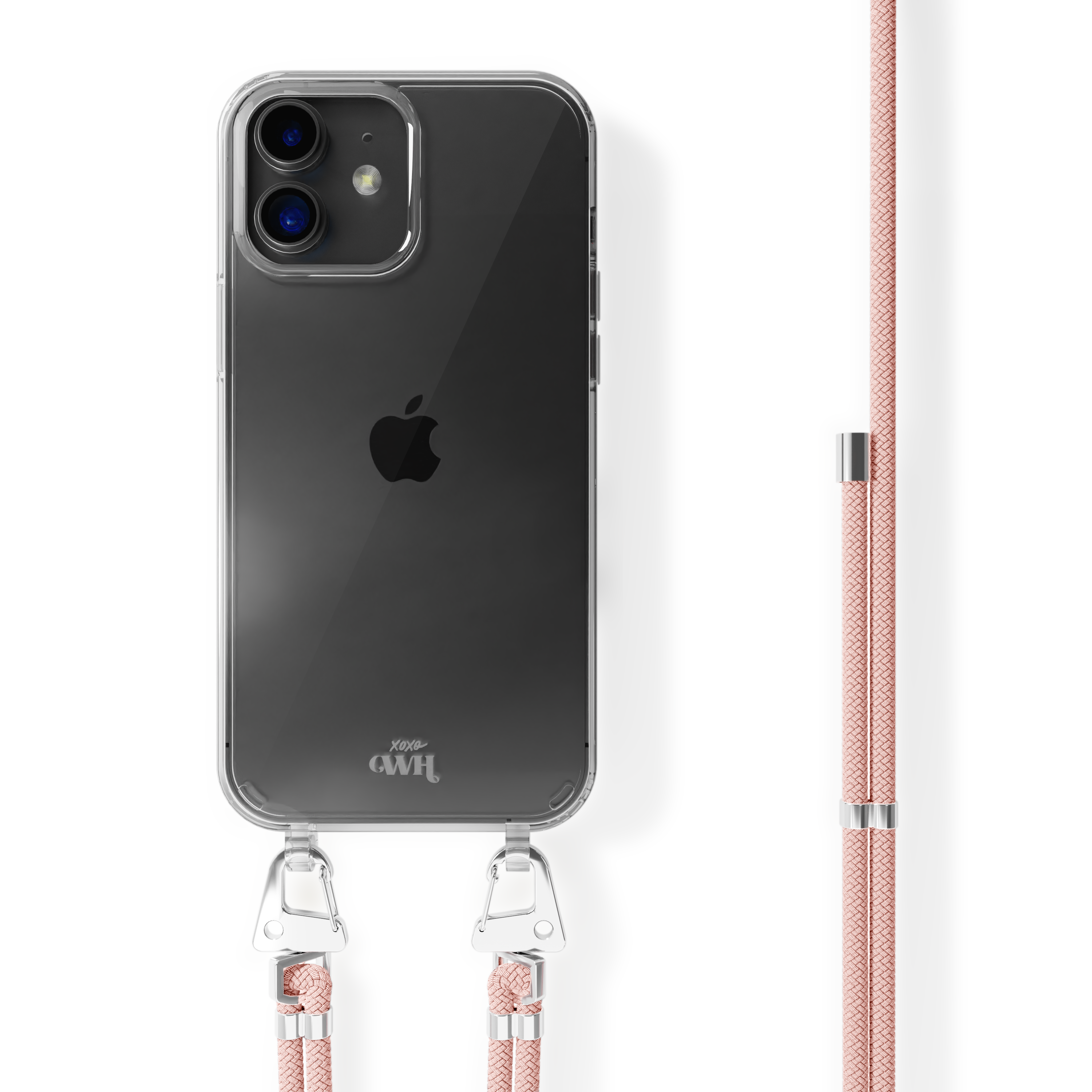 xoxo Wildhearts - iPhone 12 - Wildhearts Transparante case + roze koord