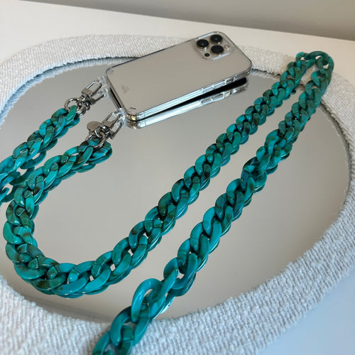 xoxo Wildhearts - iPhone 14 - Blue Ocean Transparant Cord Case - Long Cord