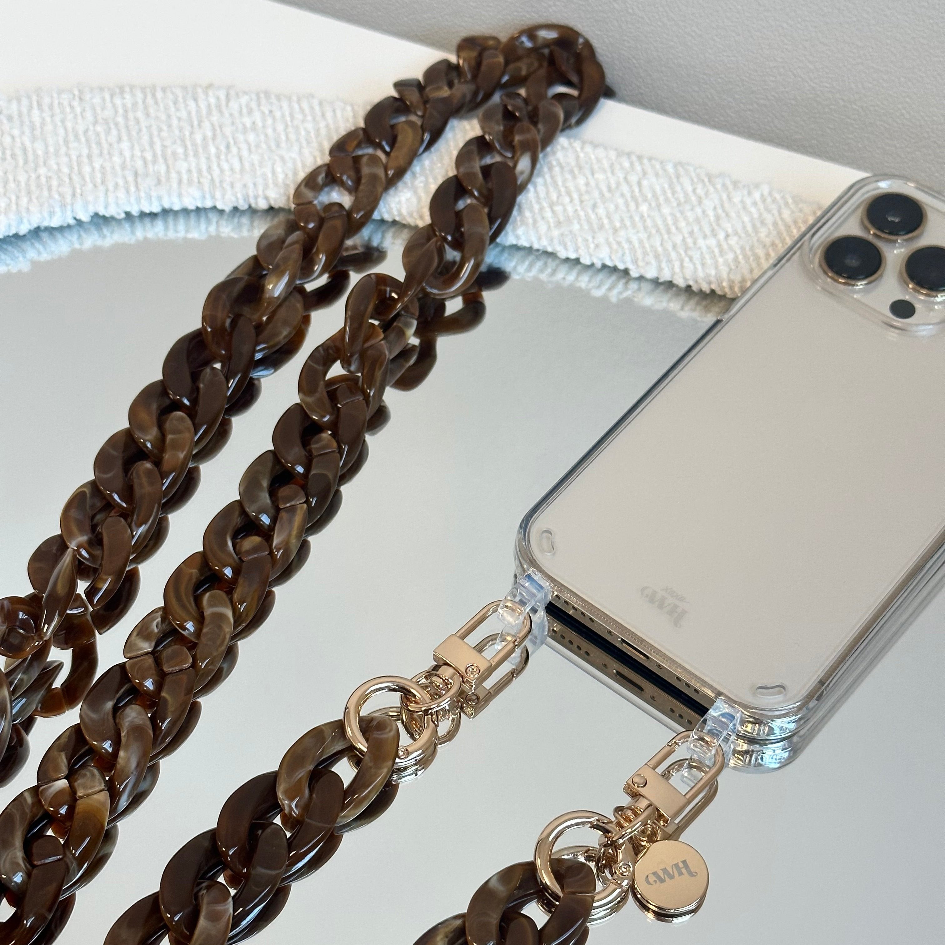 xoxo Wildhearts - iPhone 14 Plus - Brown Chocolate Transparant Cord Case - Long Cord