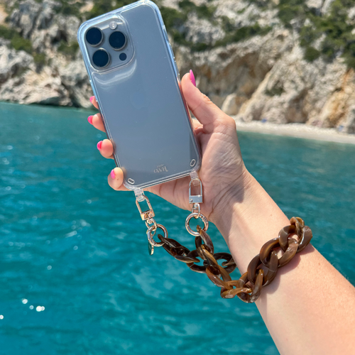 xoxo Wildhearts - iPhone 14 Pro Max - Brown Chocolate Transparant Cord Case - Short Cord