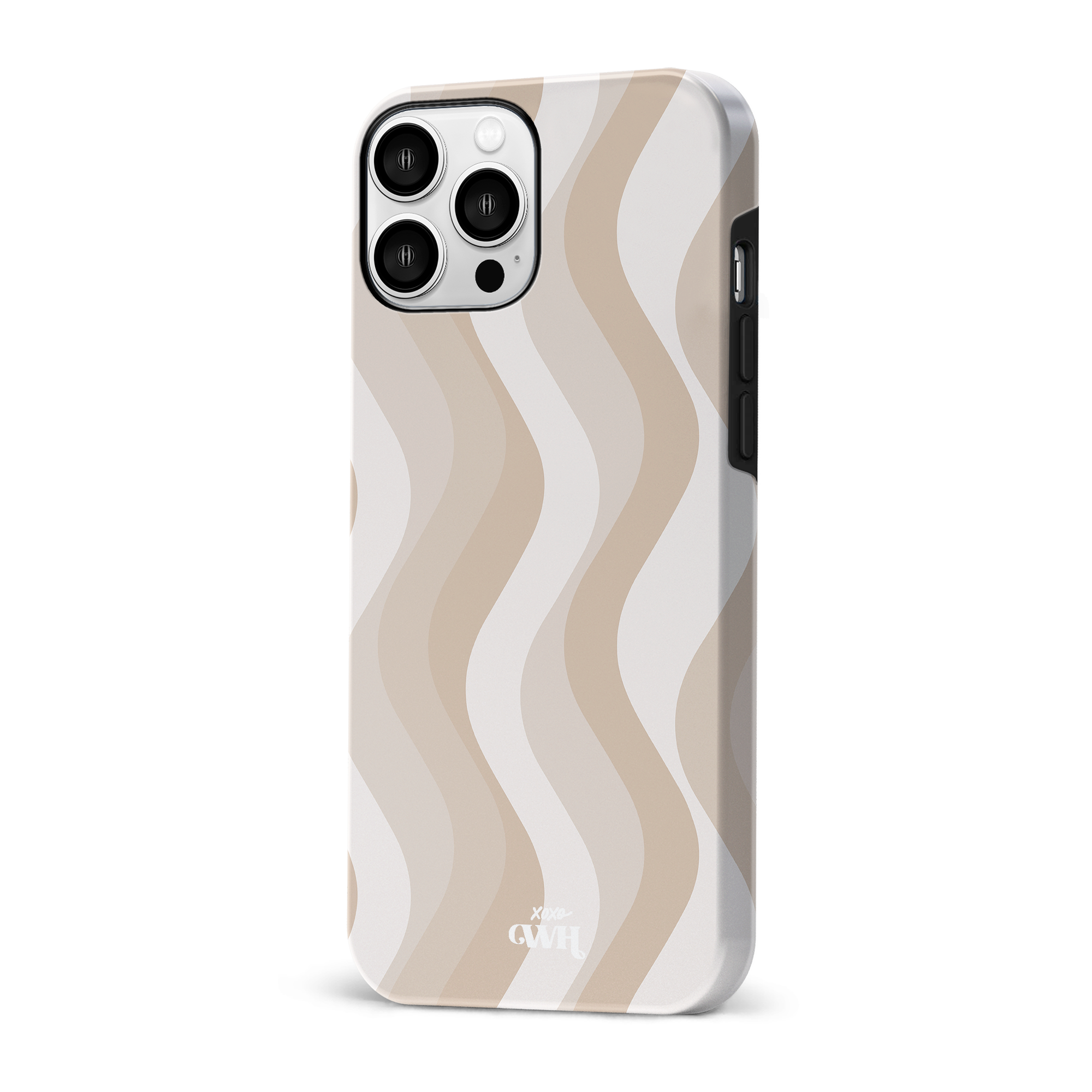 Glanzend iPhone 13 Pro hoesje met golvend patroon in nude en beige tinten.