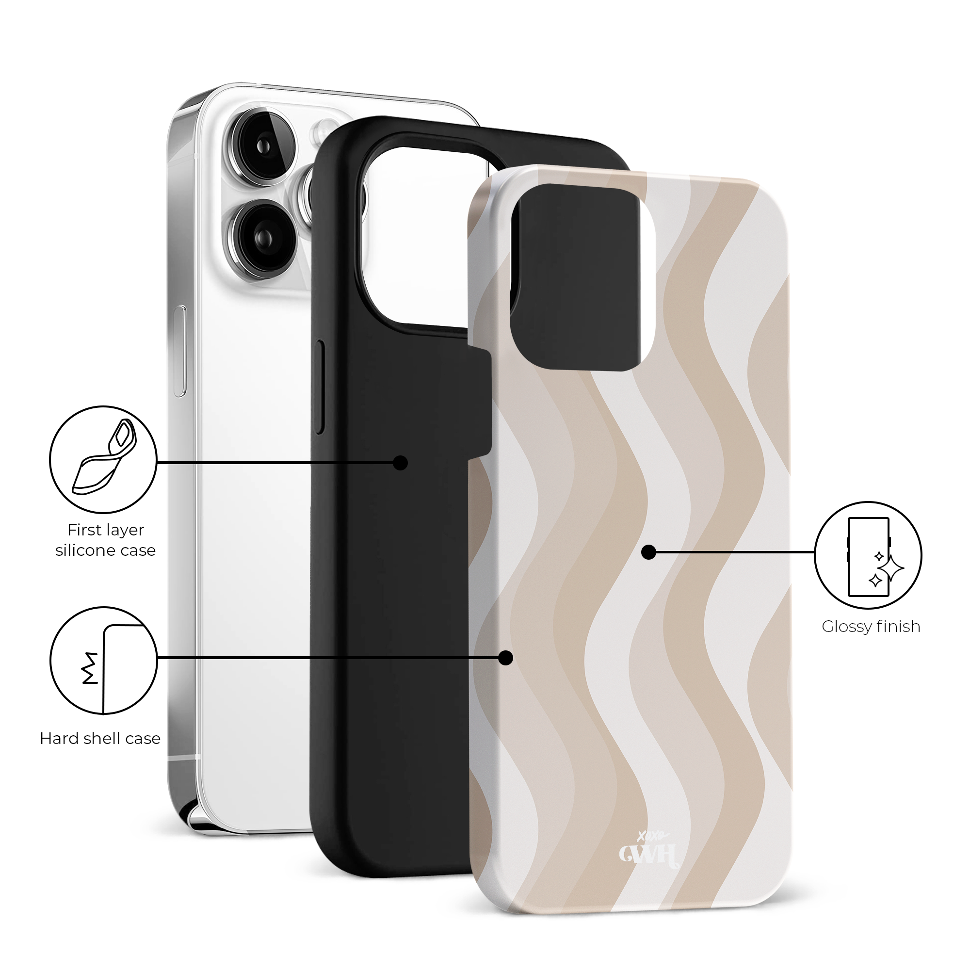 Minimal Nude iPhone 13 Pro hoesje met golvend patroon, glanzende afwerking en dubbele beschermlagen.