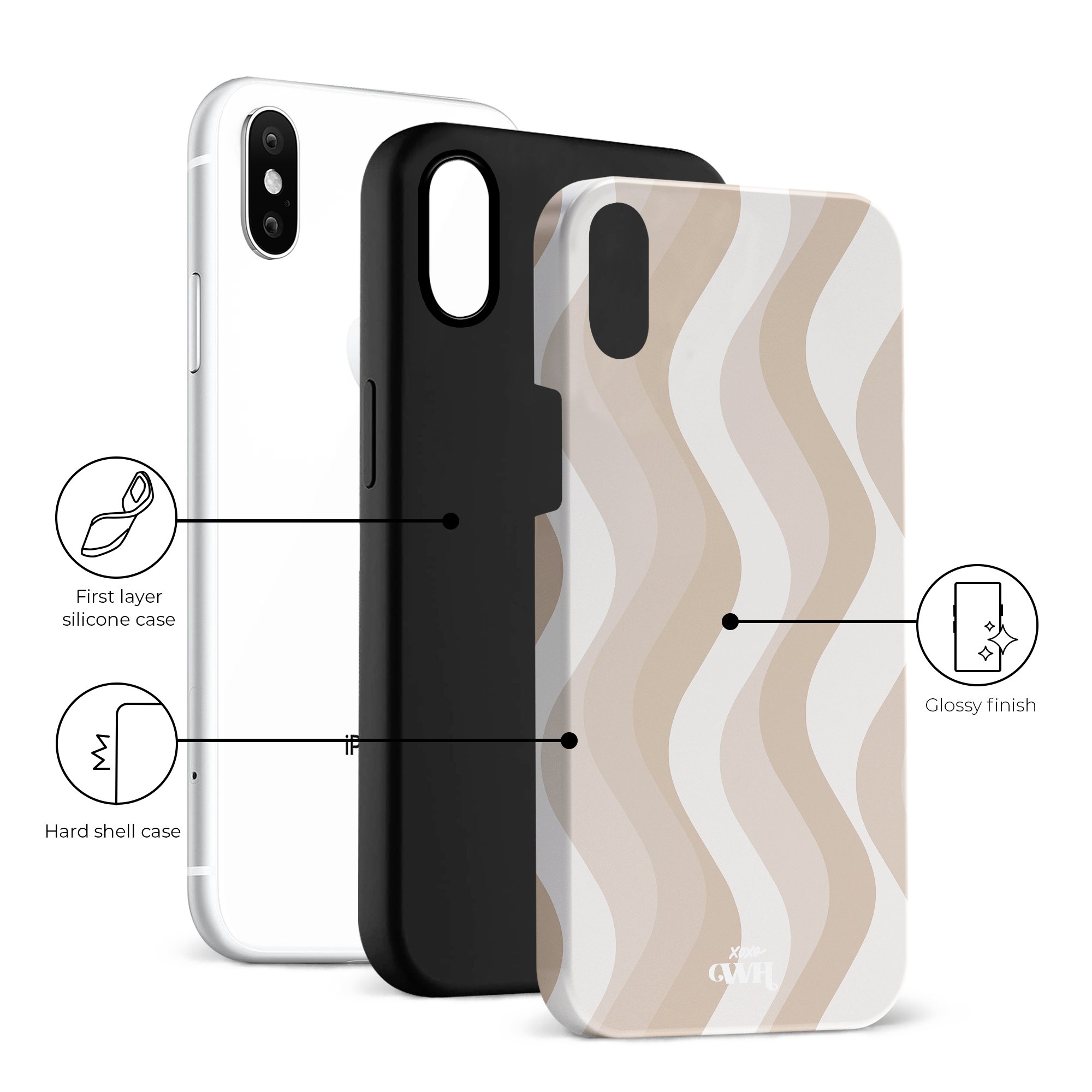 Minimal Nude iPhone X/XS hoesje met golvend patroon, glossy afwerking en dubbele beschermlagen.